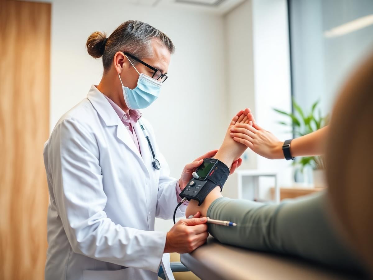Clinician measuring ankle blood pressure for an ankle-brachial index test in Bangkok