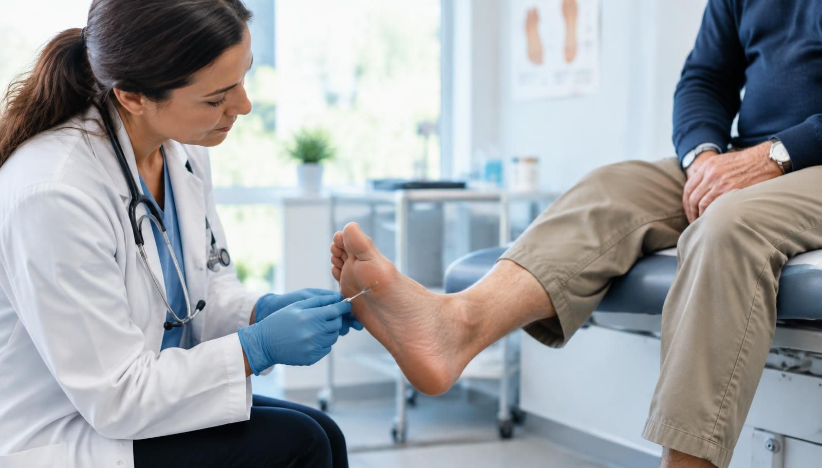 Doctor testing sensation on the sole of a patient's foot during a diabetes foot check