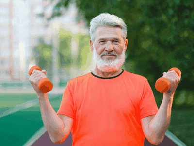 Senior man exercising with dumbbells