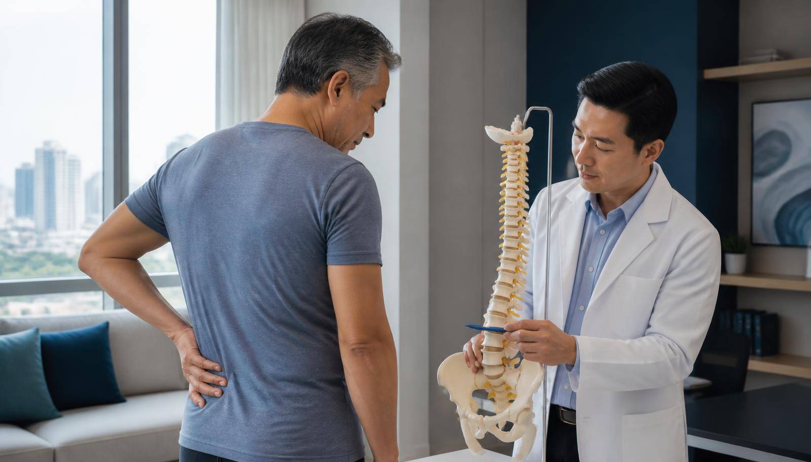A physician examining a patient's lower back during a consultation in a Bangkok clinic