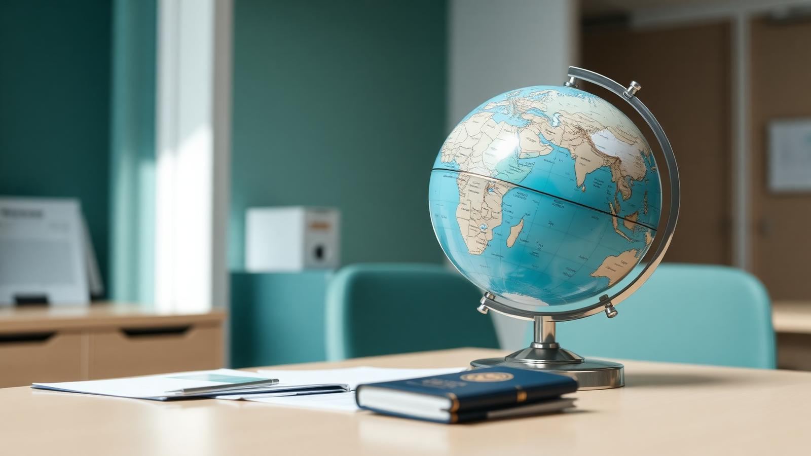 Globe, passport and medical records on a clinic consultation desk