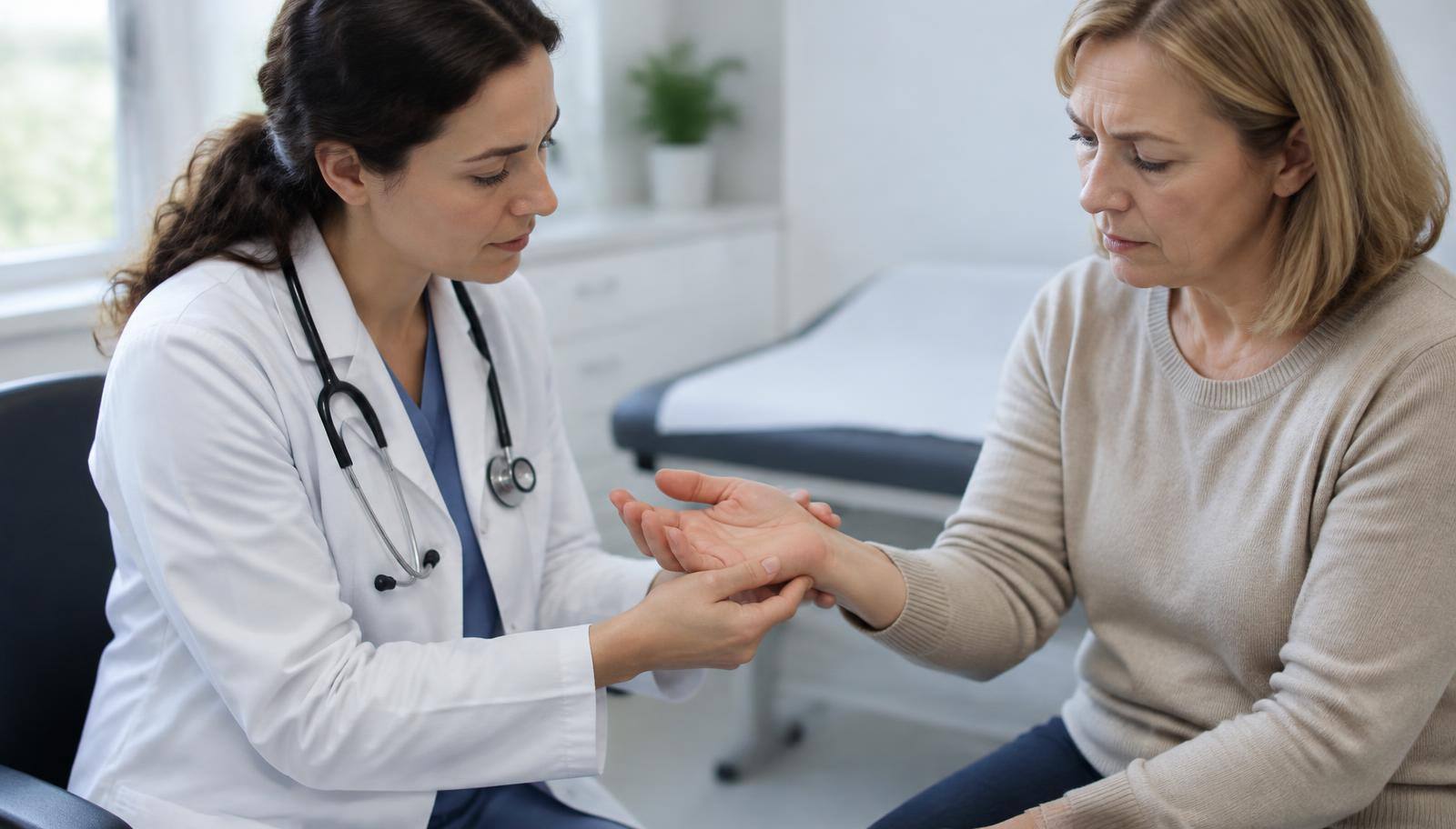 Doctor examining the wrist and palm of a woman with hand numbness
