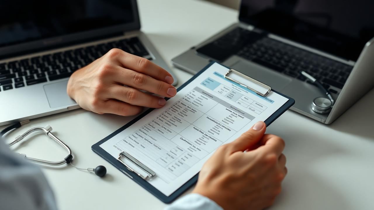 Physician reviewing kidney function blood results beside a stethoscope