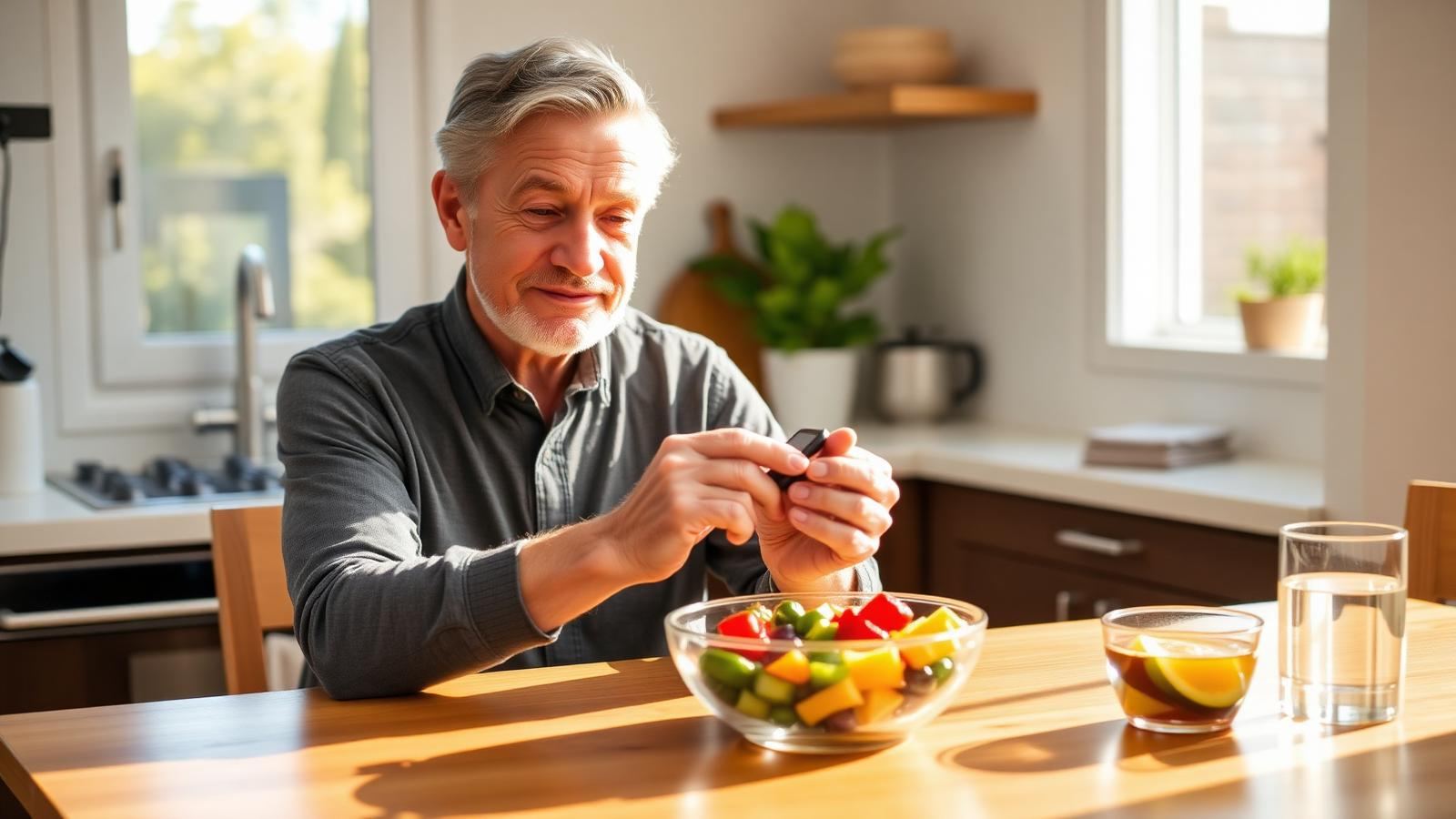 Adult calmly checking a glucose monitor at a sunlit kitchen table with a healthy breakfast