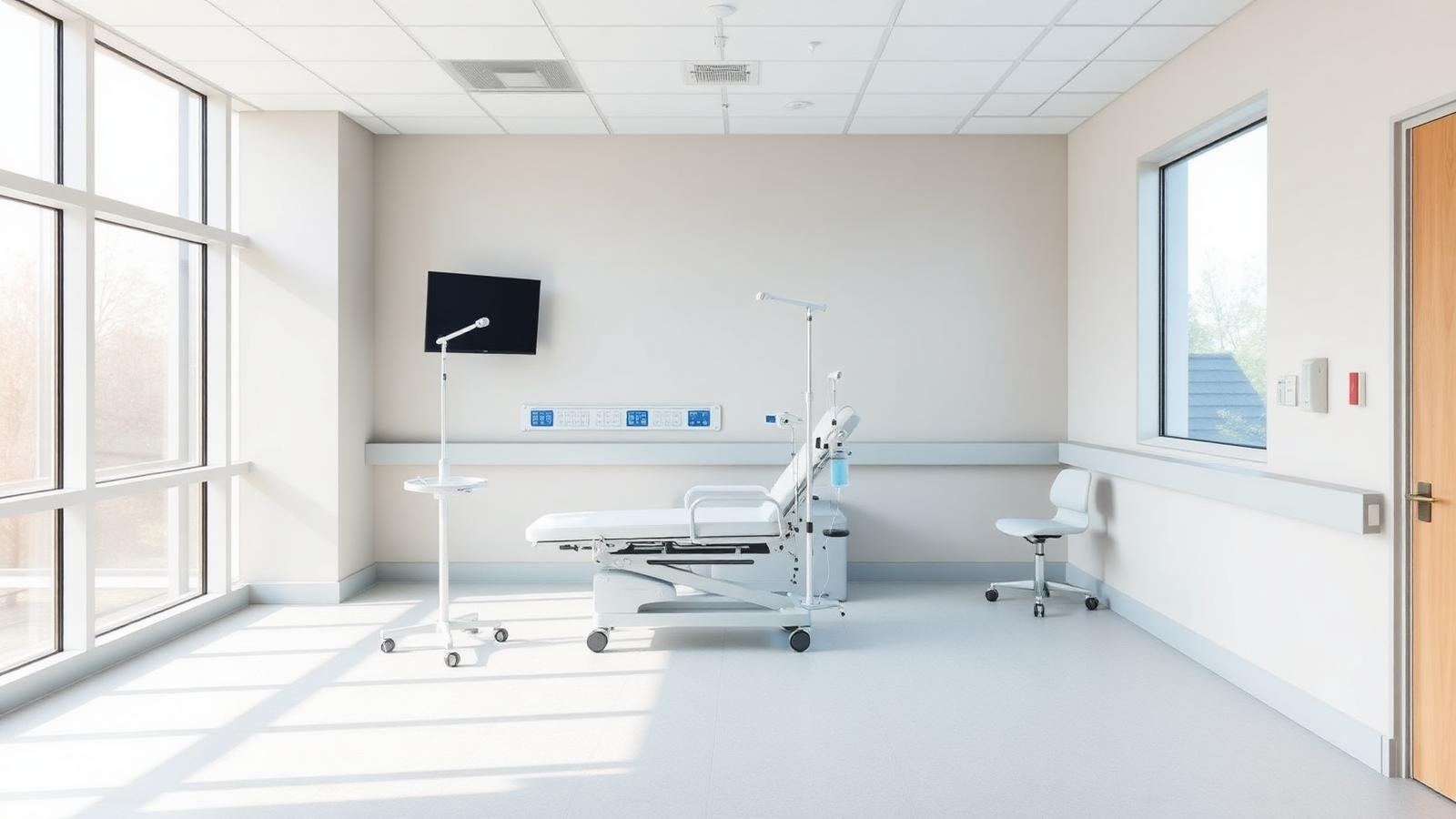 Modern hospital treatment room with an infusion chair beside a large window