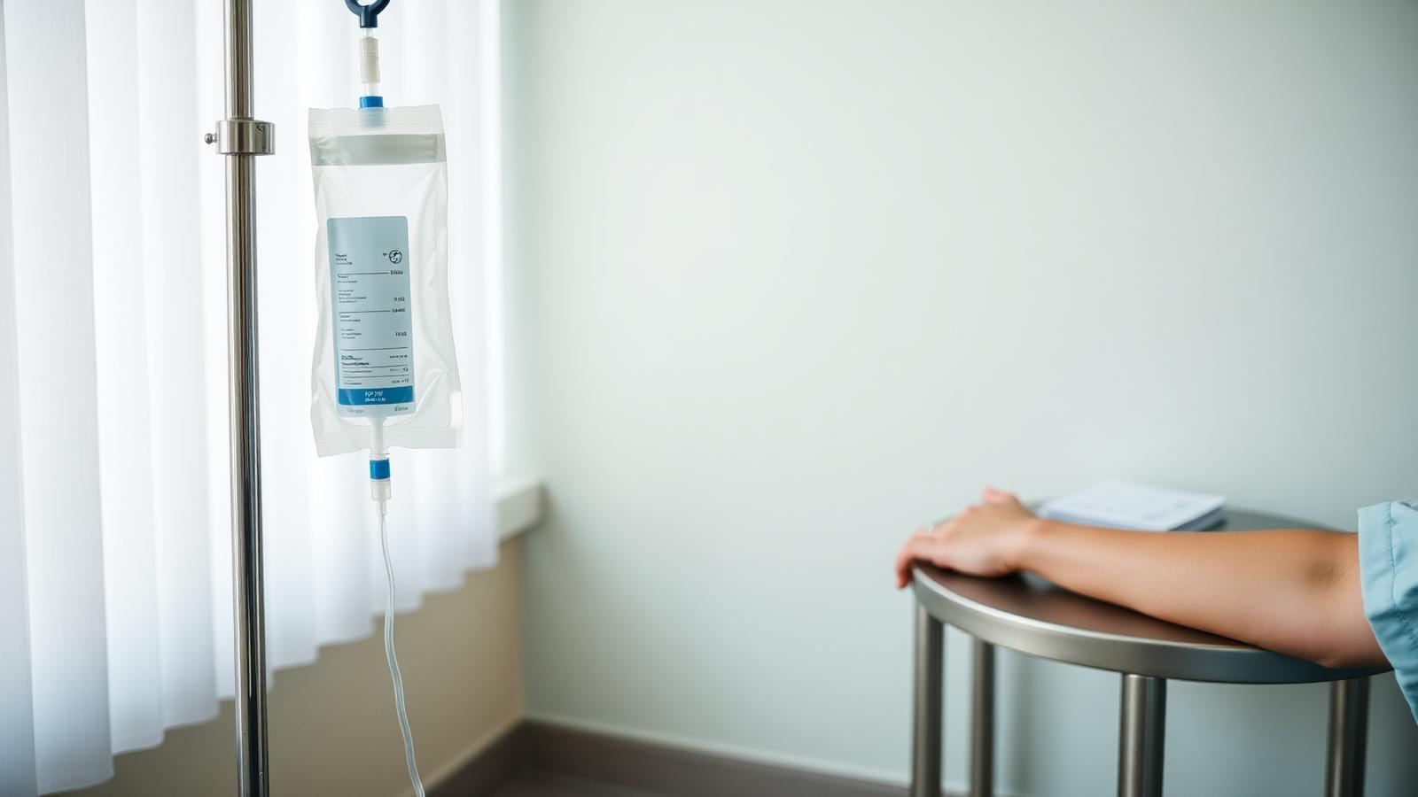 Intravenous infusion bag and line beside a patient's arm in a quiet clinic room