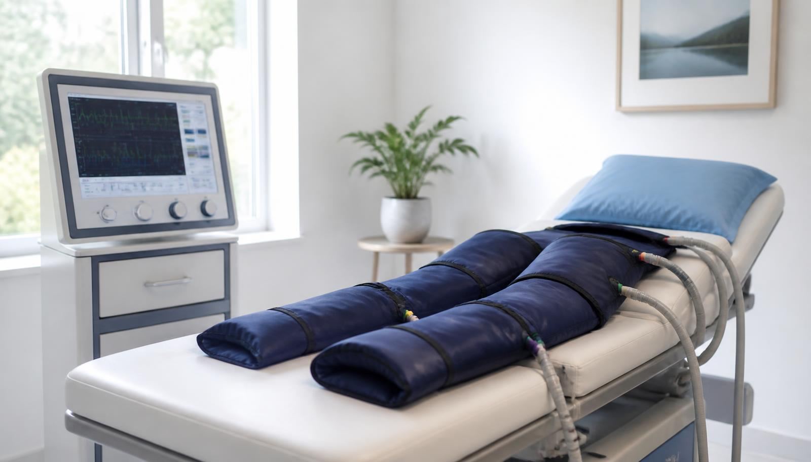 EECP treatment bed with inflatable leg cuffs and an ECG monitor in a Bangkok clinic room