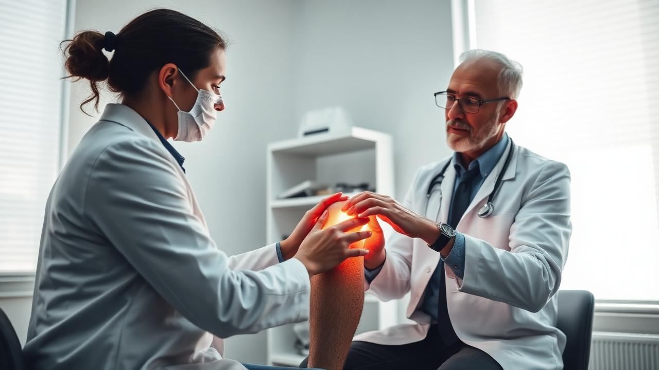 Physician examining a patient's knee joint during a clinical assessment