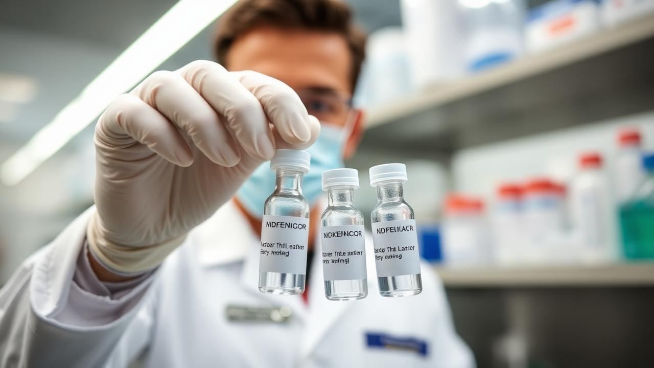 Laboratory technician comparing two prepared vials under sterile conditions