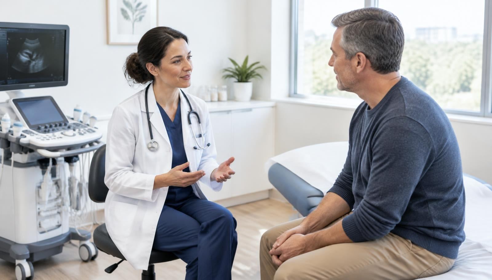 Doctor explaining findings to a patient beside an ultrasound machine