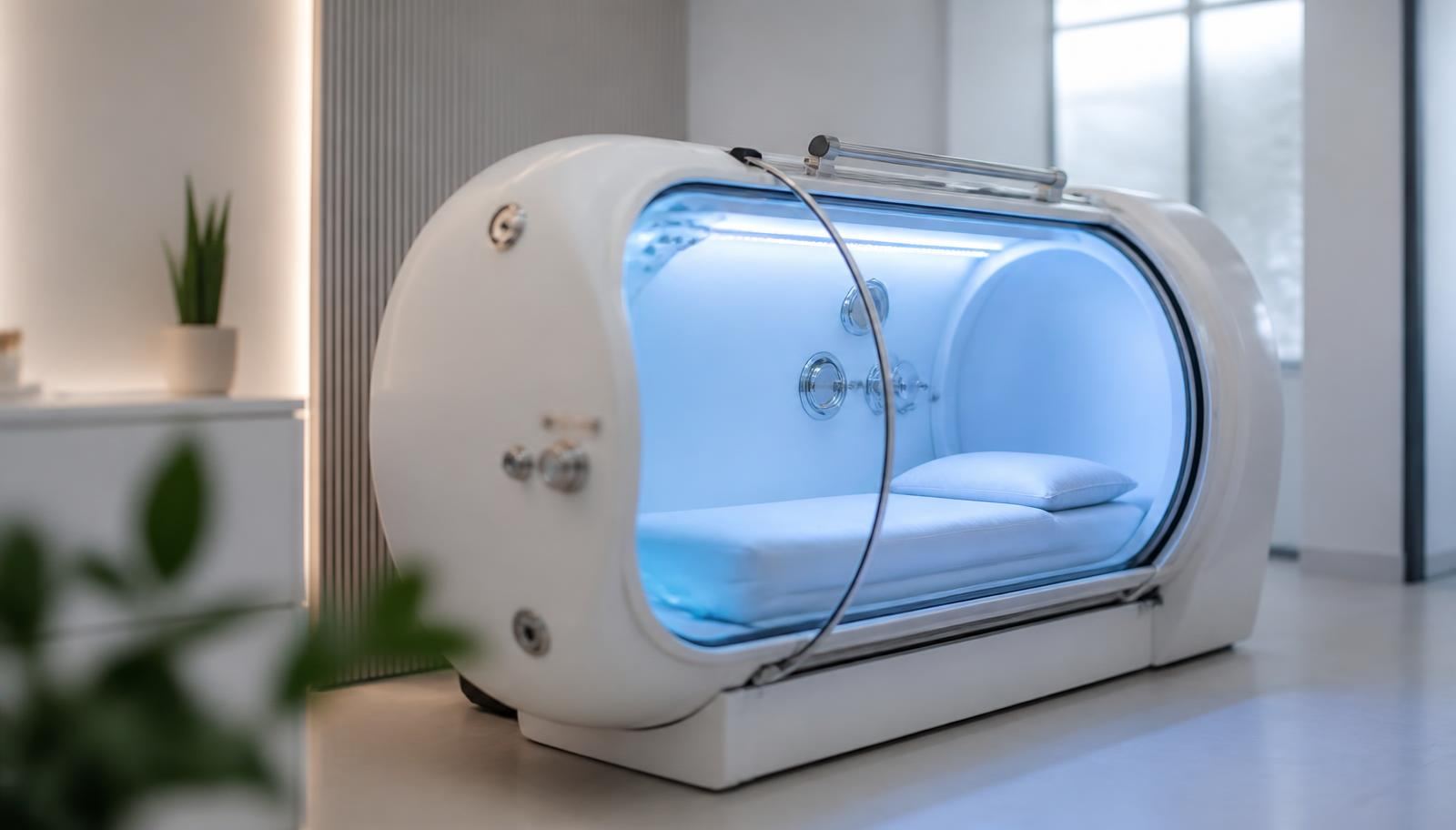 A modern hyperbaric oxygen chamber in a bright clinical room in Bangkok