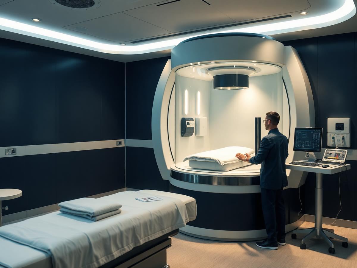 Hyperbaric oxygen therapy chamber with technician at the control console at MRC Healthcare Bangkok