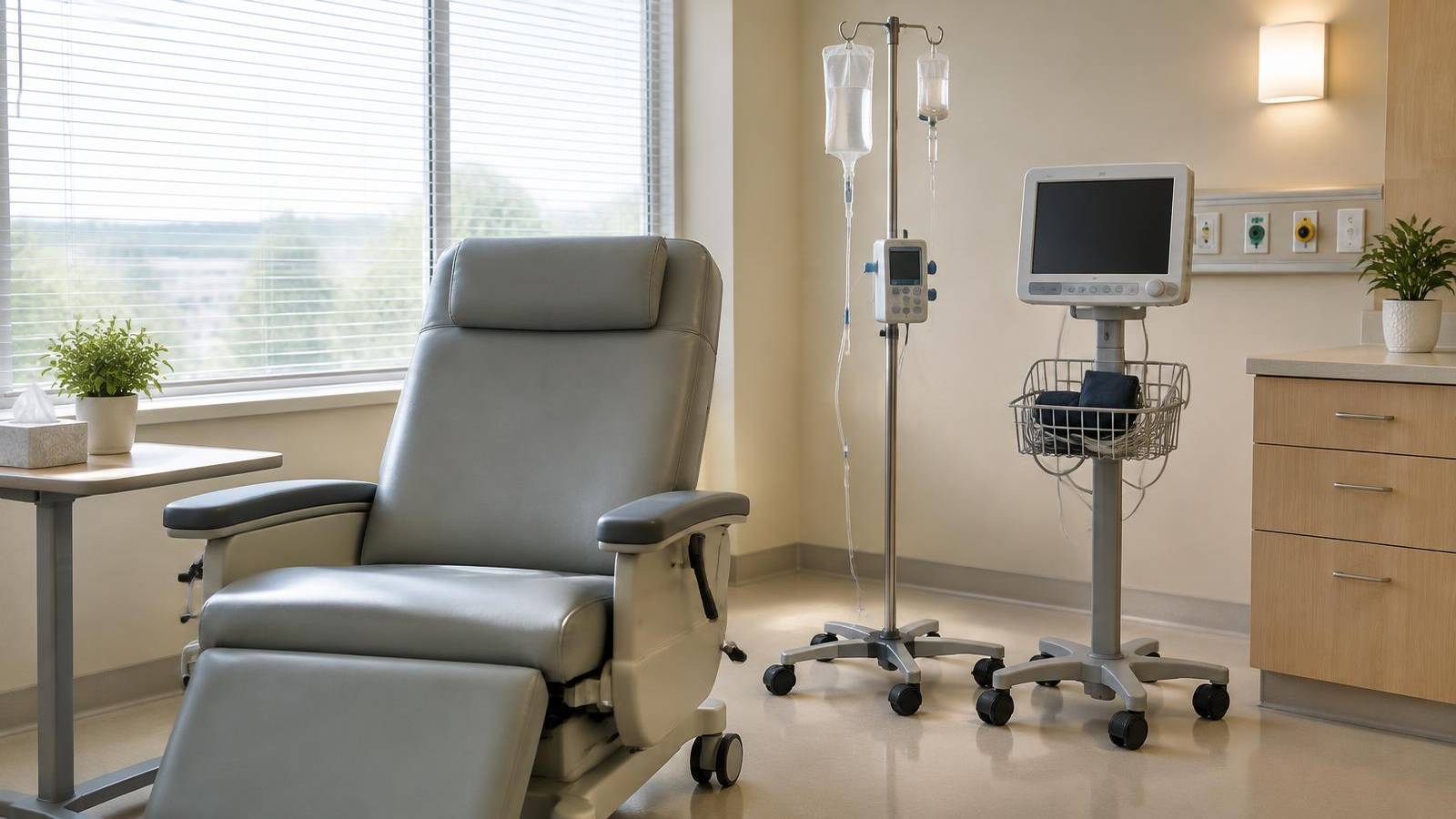A quiet hospital infusion room with a treatment chair, an IV stand and a vital signs monitor