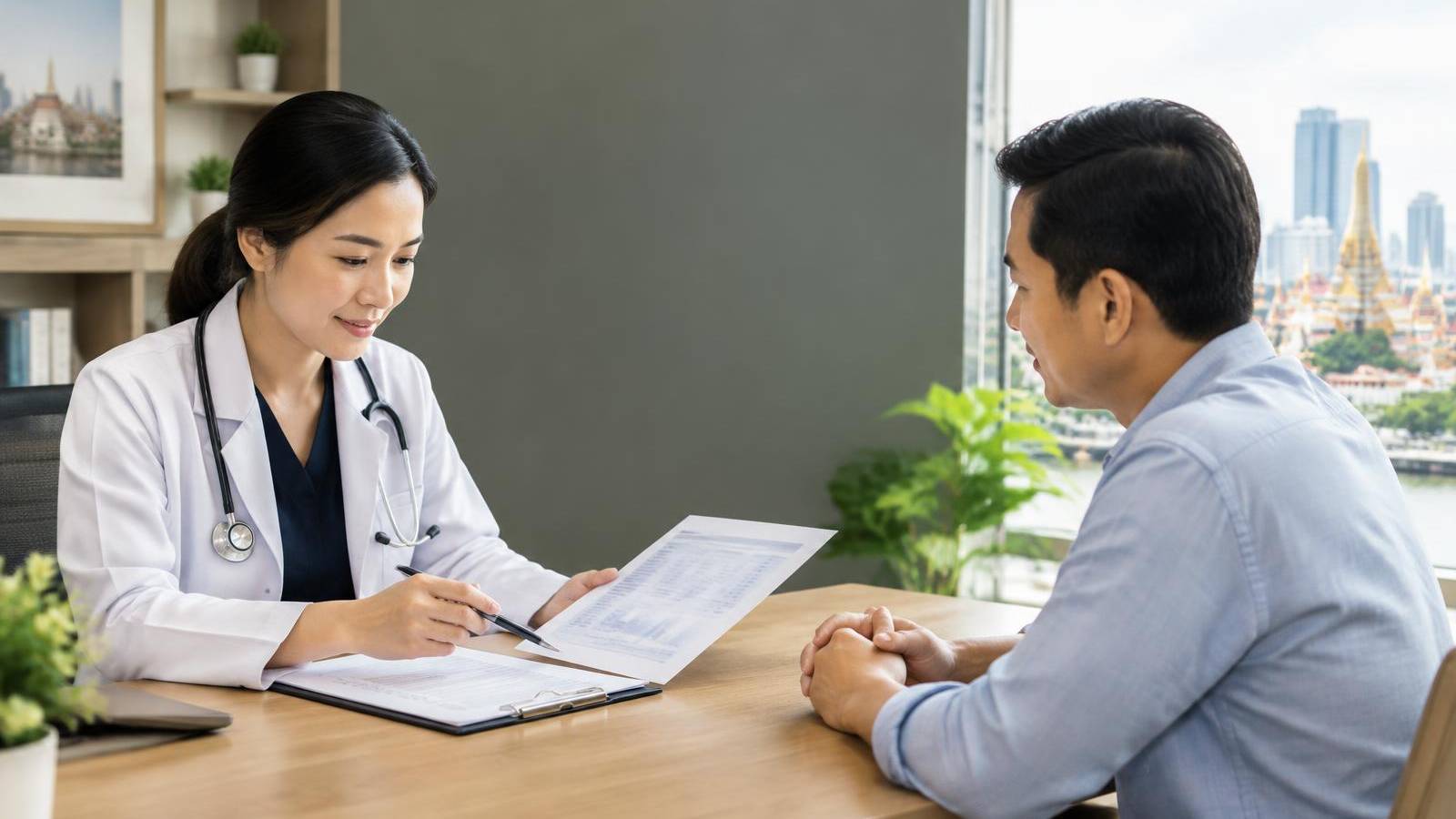 Physician reviewing a medical safety checklist with a patient in Bangkok