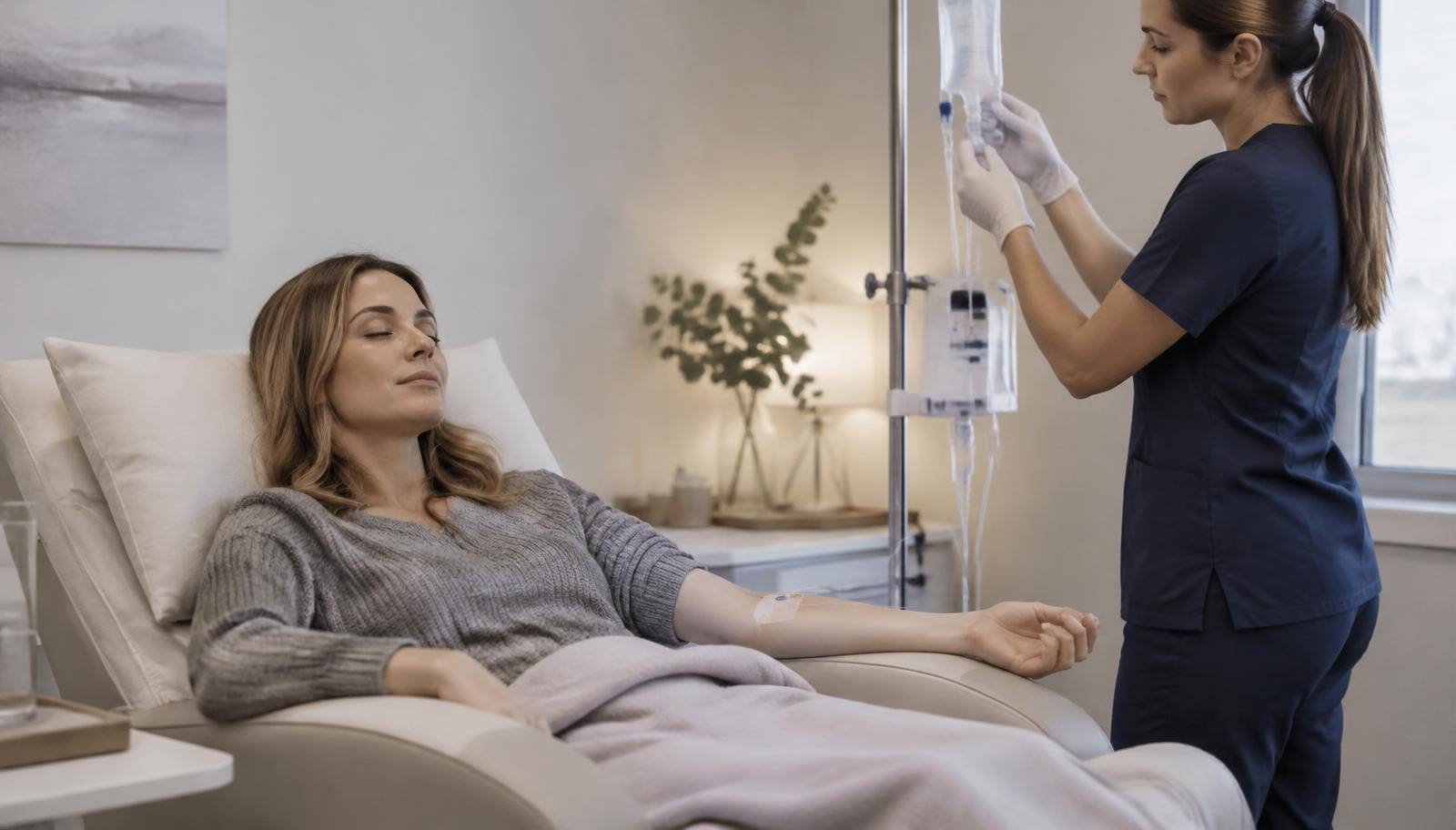 Woman resting in a reclining chair during an IV drip while a nurse adjusts it