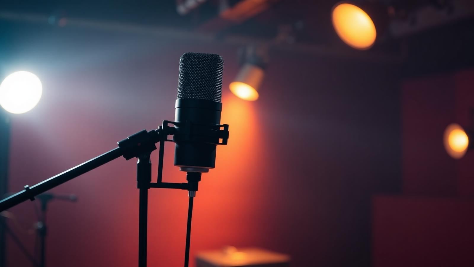 Podcast microphone in a dimly lit recording studio