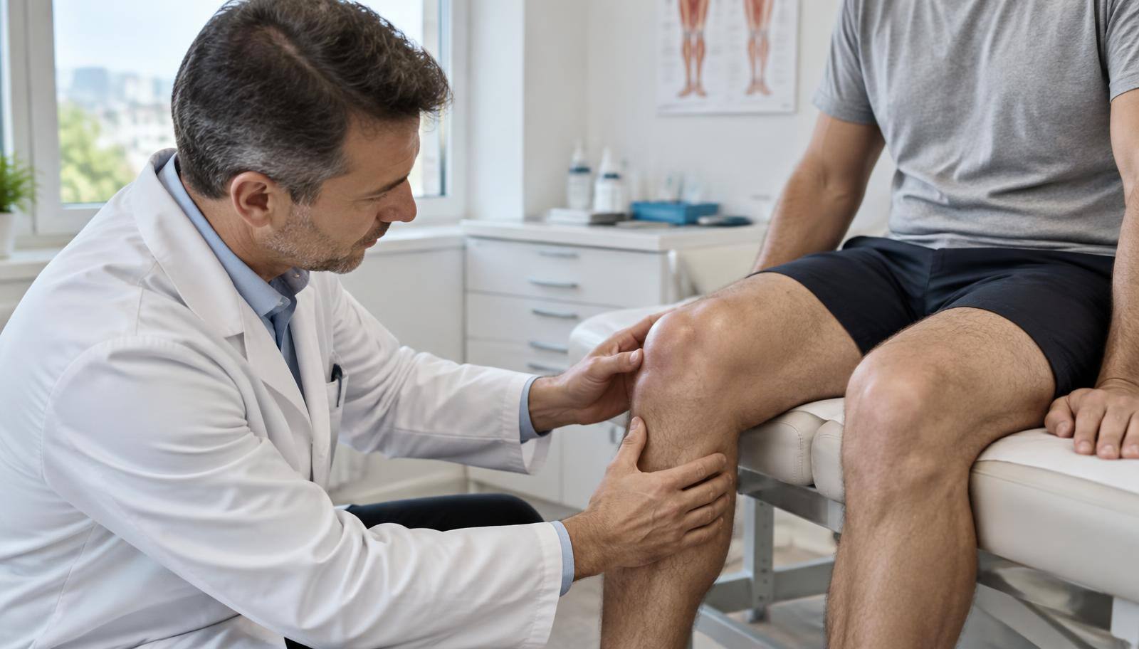 Doctor examining a swollen knee of a seated patient