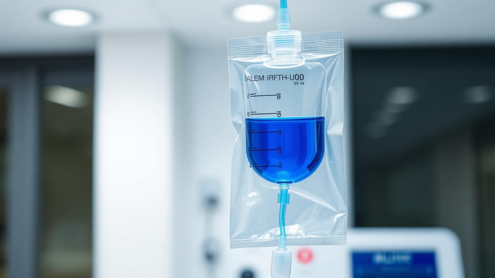 A medical IV infusion bag containing a deep blue methylene blue solution in a modern clinic