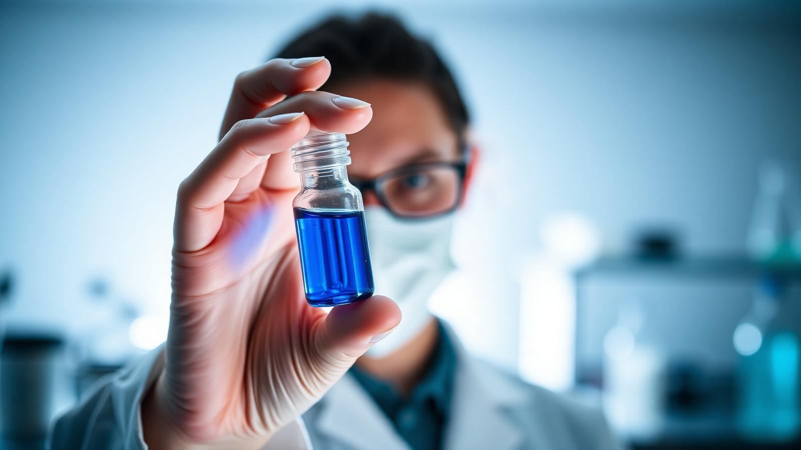 A laboratory researcher holding a small vial of deep blue methylene blue solution up to the light