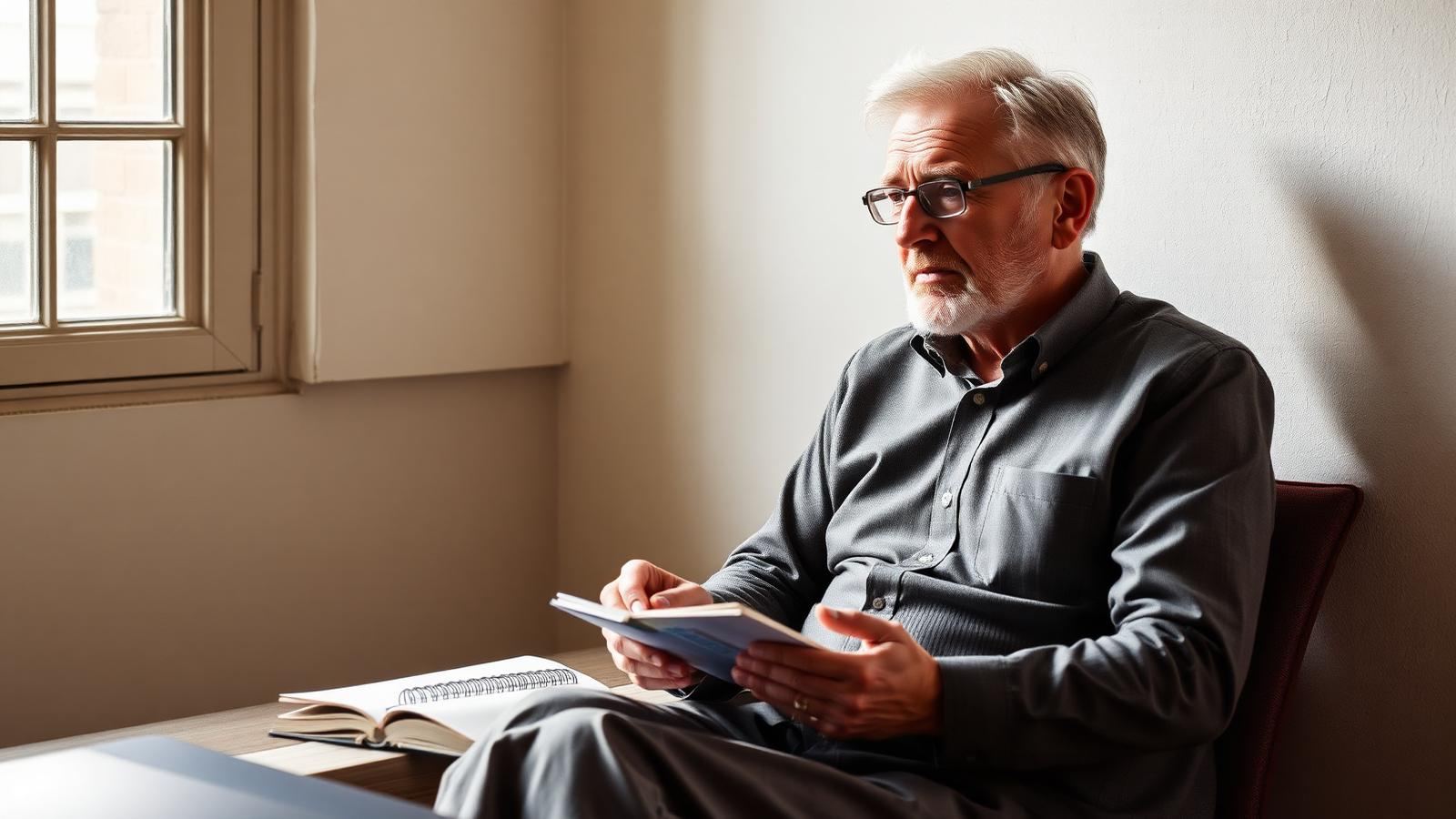 Person sitting by a window with a notebook, looking tired and thoughtful