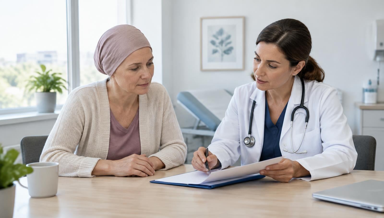 Patient and doctor reviewing follow-up notes during an oncology consultation