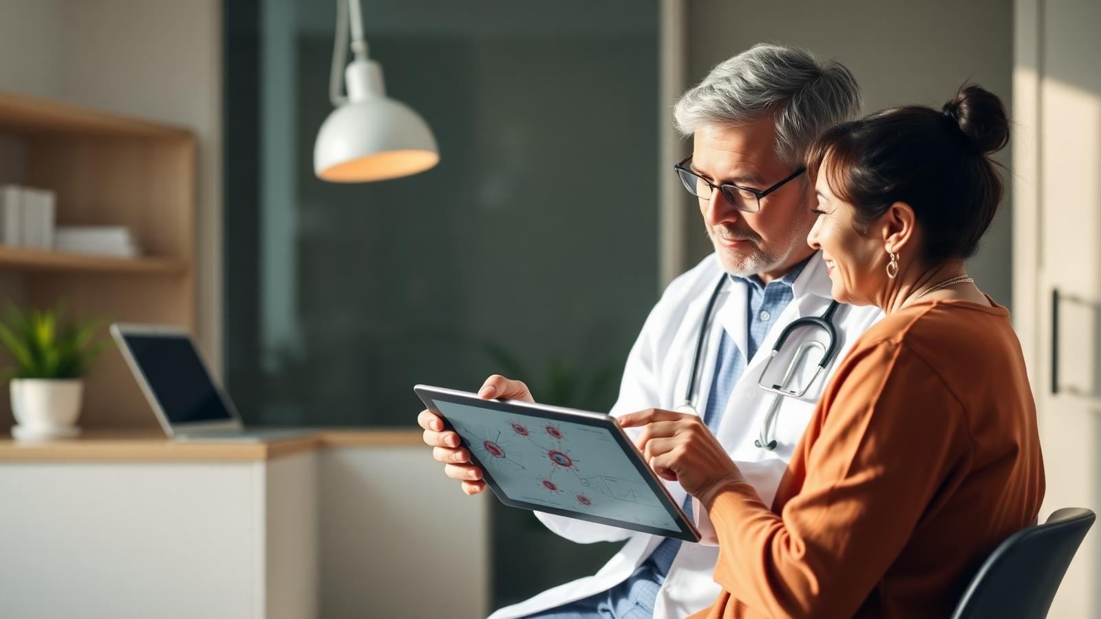 Physician reviewing immune cell diagrams with a patient in a Bangkok clinic