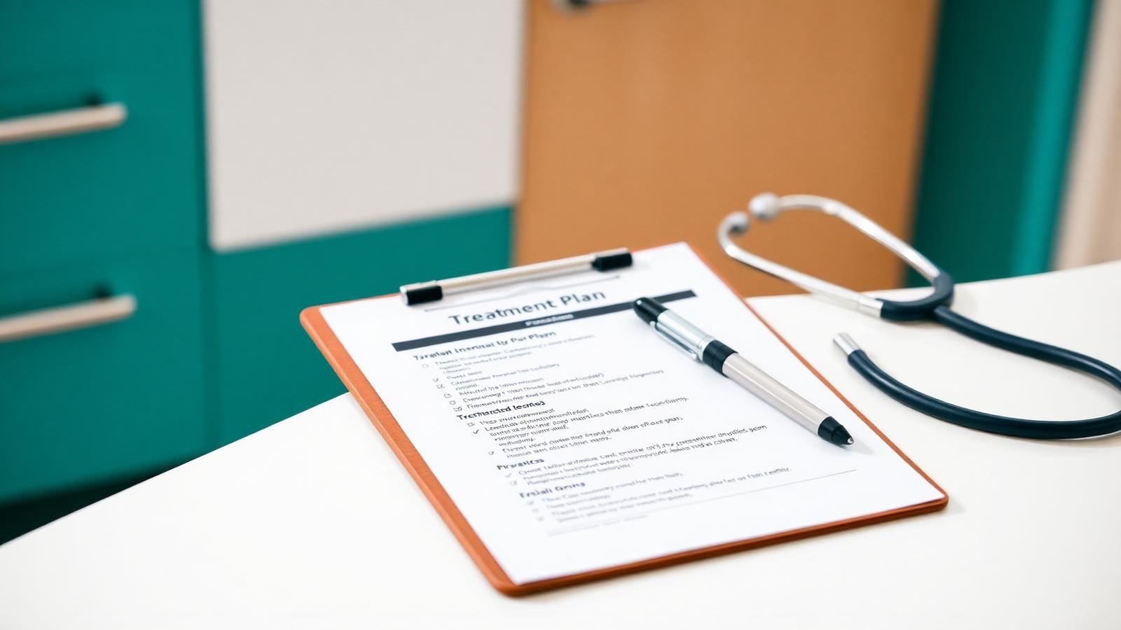 Itemised treatment plan document and stethoscope on a clinic desk