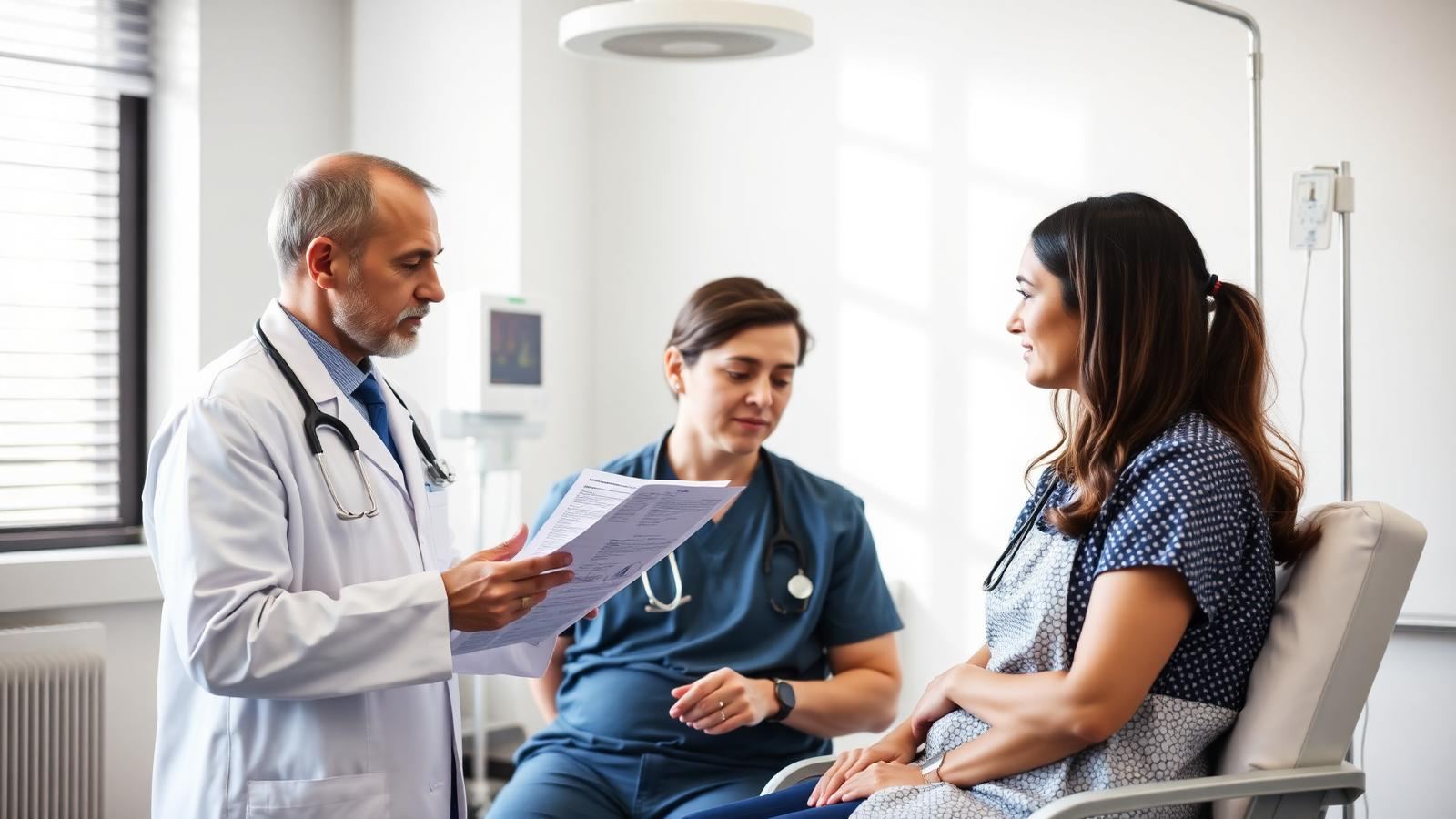 Physician reviewing post-treatment monitoring notes with a patient during an infusion