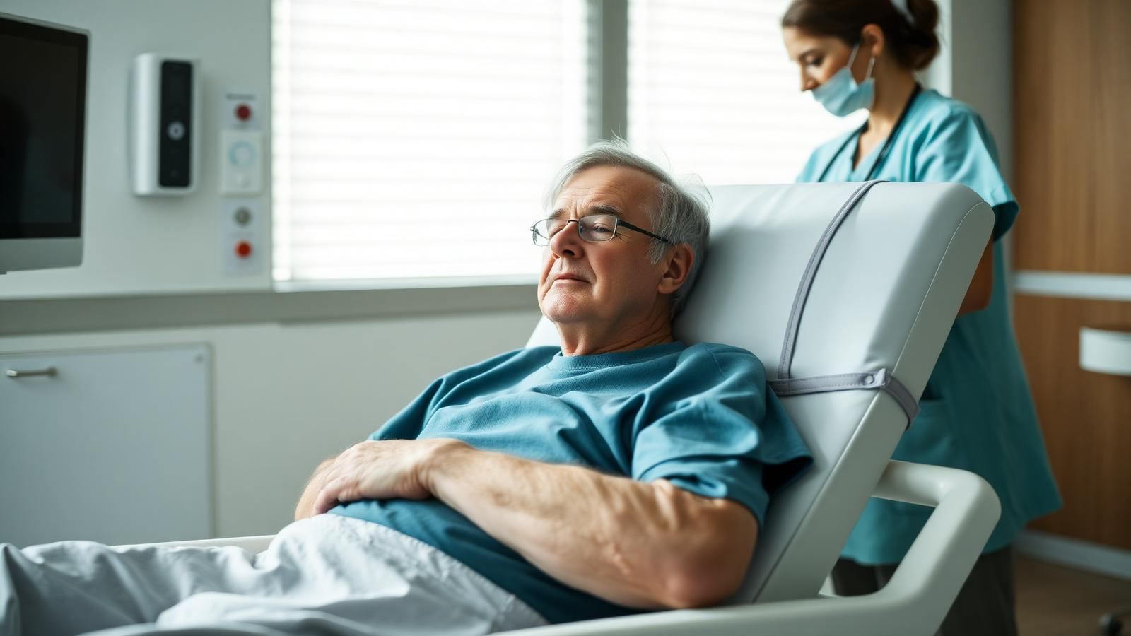Patient resting calmly in a clinic recovery chair after a stem cell infusion