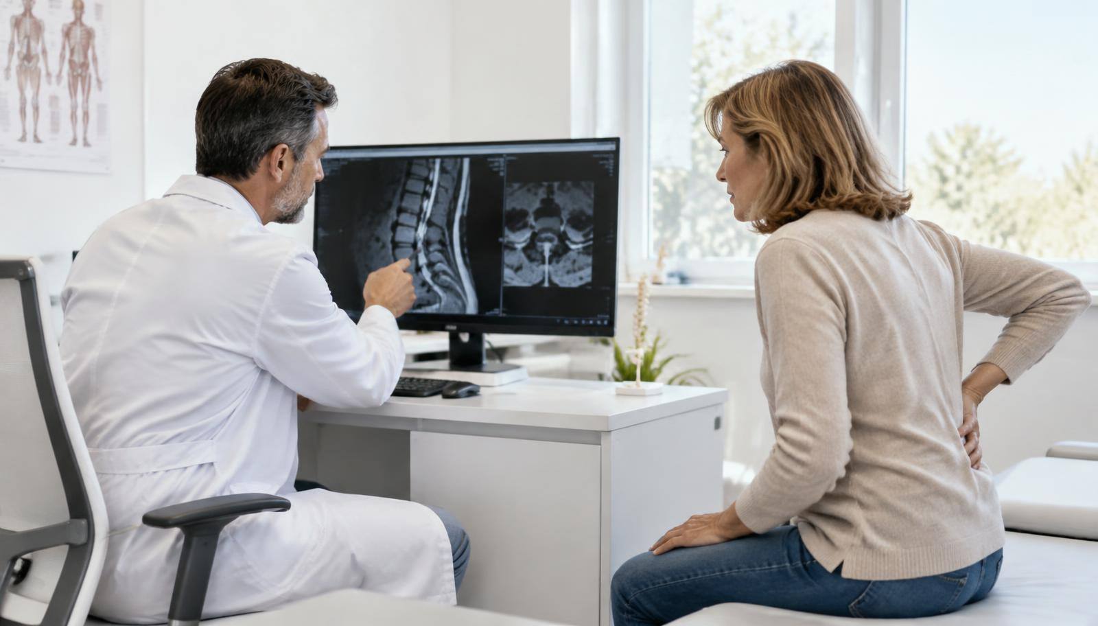Doctor reviewing a lumbar spine MRI with a woman holding her lower back
