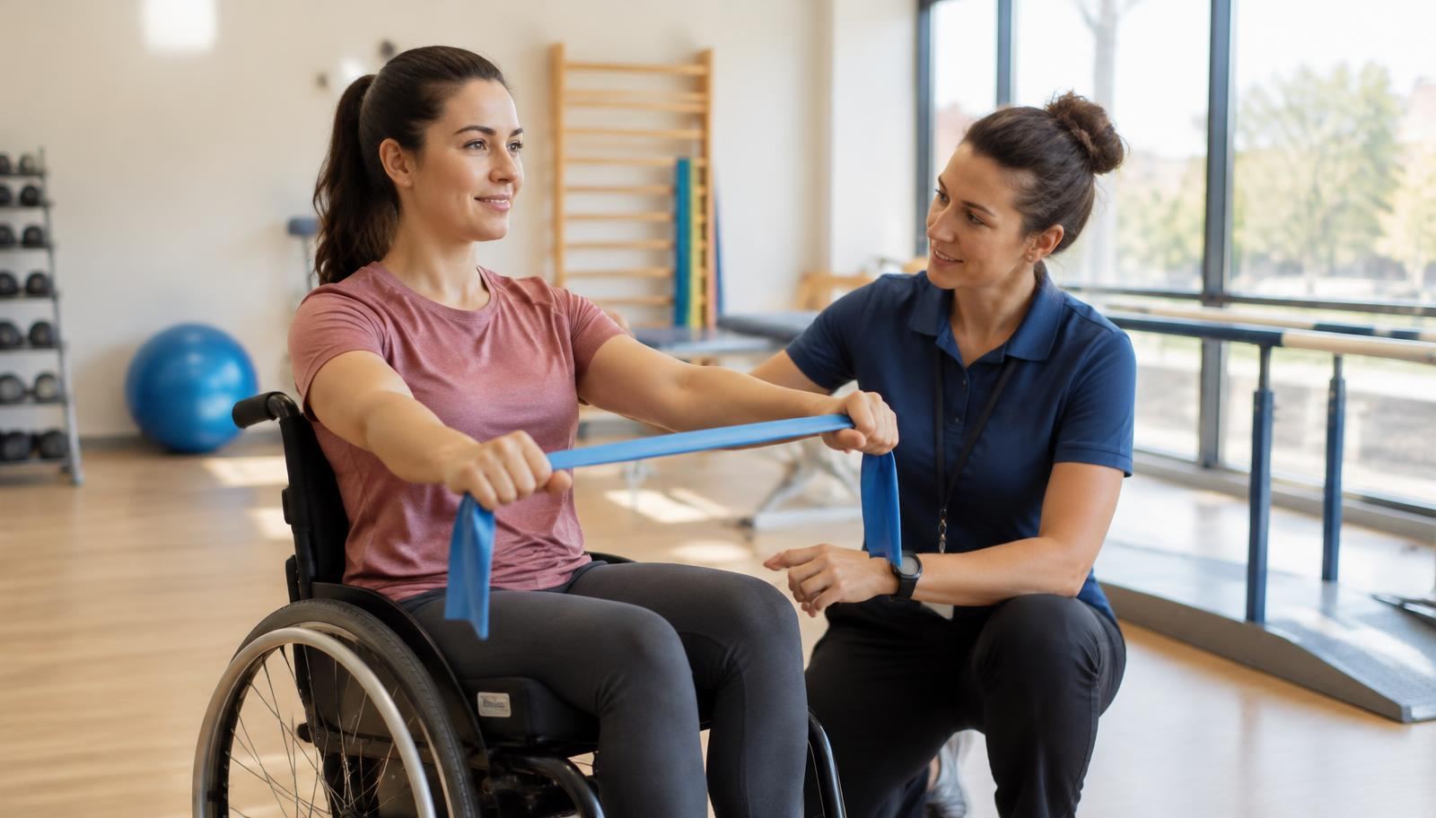 Patient in a wheelchair working with a physiotherapist during spinal cord injury rehabilitation