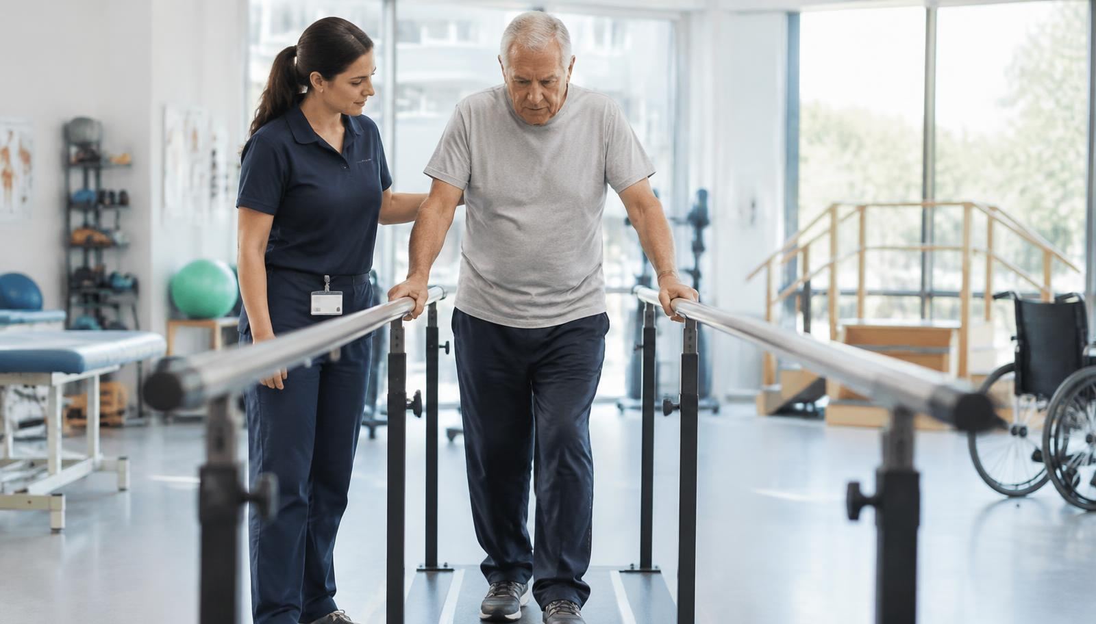 Physiotherapist supporting an older man walking between parallel bars during stroke rehabilitation