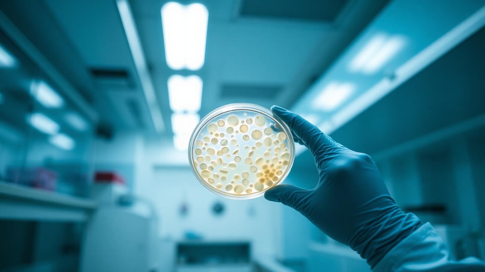 Researcher holding a cell culture plate in a modern laboratory